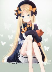 Rule 34 | abigail williams (fate), bad id, bad pixiv id, black bow, black dress, black headwear, blonde hair, bloomers, blue eyes, blush, bow, bug, butterfly, closed mouth, dress, fate/grand order, fate (series), forehead, gradient background, green background, hair bow, hair ornament, highres, holding, holding stuffed toy, insect, long hair, long sleeves, looking at viewer, one eye closed, orange bow, parted bangs, polka dot, polka dot bow, ribbed dress, shinkai kokoa, sitting, sleeves past wrists, solo, stuffed toy, underwear, white bloomers