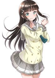 Rule 34 | 10s, 1girl, absurdres, aqua neckwear, black hair, blue eyes, blunt bangs, blush, closed mouth, cowboy shot, grey sailor collar, grey skirt, highres, kurosawa dia, long hair, long sleeves, looking at viewer, love live!, love live! sunshine!!, miniskirt, mole, mole under mouth, own hands together, pleated skirt, sailor collar, school uniform, serafuku, simple background, sin (sin52y), skirt, smile, solo, standing, straight hair, uranohoshi school uniform, very long hair, white background