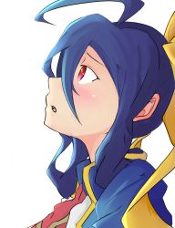 Rule 34 | 1girl, antenna hair, blazblue, blazblue remix heart, blue hair, blush, bow, genderswap, genderswap (mtf), hair bow, highres, long hair, looking up, mai natsume, open mouth, ponytail, red eyes, ribbon, school uniform, solo, yellow bow