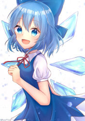 Rule 34 | 1girl, blue bow, blue dress, blue eyes, blue hair, blush, bow, cirno, collared shirt, cowboy shot, detached wings, dress, from side, hair between eyes, hair bow, happy, highres, ice, ice wings, looking at viewer, looking to the side, medium hair, neck ribbon, open mouth, pinafore dress, red ribbon, ribbon, runa (runa7733), shirt, sleeveless, sleeveless dress, smile, solo, touhou, white shirt, wings