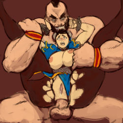 Rule 34 | 1boy, 1girl, anal, beard, black hair, blue dress, blush, bracelet, breasts, brown hair, brown pantyhose, bun cover, capcom, china dress, chinese clothes, chun-li, clothed sex, clothing aside, cromwaits, crying, crying with eyes open, cum, cum in pussy, double bun, dress, evil grin, evil smile, facial hair, folded, grin, hair bun, hetero, highres, huge breasts, jewelry, large penis, large testicles, leg grab, legs up, mohawk, muscular, nipples, no bra, nose blush, open mouth, panties, panties aside, pantyhose, penis, pussy, rape, reverse suspended congress, sex, sex from behind, smile, spiked bracelet, spikes, spread legs, street fighter, tears, testicles, thick thighs, thighs, torn clothes, torn dress, torn legwear, unaligned breasts, uncensored, underwear, wince, zangief