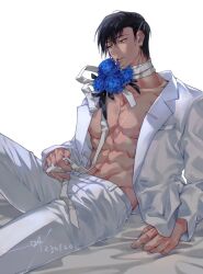 Rule 34 | 1boy, abs, bandages, black hair, blue flower, blue rose, cowboy shot, flower, formal, fushiguro touji, green eyes, hair ornament, hairclip, highres, jujutsu kaisen, lips, male focus, muscular, muscular male, pants, parted lips, pectorals, rose, sashiyu, scar, scar on face, scar on mouth, solo, suit, sweat, white pants, white suit