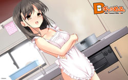 Rule 34 | 1girl, apron, blush, brown eyes, brown hair, dmm, highres, looking at viewer, naked apron, open mouth, original, piyodera mucha, smile, solo, stove, wallpaper