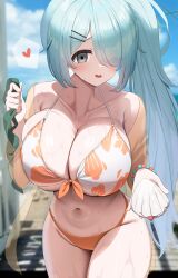 Rule 34 | 1girl, absurdres, aqua hair, bare shoulders, beach, bikini, blue archive, bracelet, breasts, cleavage, collarbone, conch, front-tie bikini top, front-tie top, hair ornament, hair over one eye, hairclip, heart, highres, hiyori (blue archive), jewelry, large breasts, long hair, looking at viewer, navel, nicorima, official alternate costume, outdoors, smile, solo, standing, swimsuit, thighs, very long hair, wet