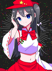 Rule 34 | 1girl, bare shoulders, black background, black hair, blue eyes, bow, bowtie, breasts, closed mouth, detached sleeves, hair bow, hand in own hair, hat ornament, kumeri0804, label girl (dipp), long hair, mandarin collar, midriff, navel, red bow, red bowtie, red headwear, red skirt, ribbon-trimmed sleeves, ribbon trim, shirt, side ponytail, skirt, sleeveless, sleeveless shirt, small breasts, smile, solo, star (symbol), star hat ornament, touhou, very long hair, white bow, white shirt, wide sleeves