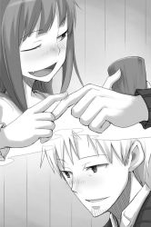 Rule 34 | 1boy, 1girl, ;d, ayakura juu, blush, couple, craft lawrence, fang, greyscale, head tilt, holding, holo, index finger raised, monochrome, novel illustration, official art, one eye closed, open mouth, parted lips, portrait, smile, spice and wolf