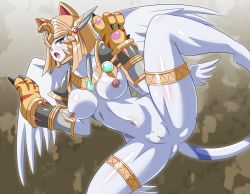Rule 34 | armor, breasts, cat, cat tail, claws, digimon, digimon adventure 02, gauntlets, jewelry, large breasts, nefertimon, nefertimon x-antibody, nipples, pussy, spread legs, tail, white cat, wings
