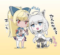 Rule 34 | 2girls, ahoge, animal ear fluff, animal ears, asymmetrical legwear, bad id, bad twitter id, black shorts, blank eyes, blonde hair, blue eyes, blue neckerchief, blush, bow, braid, breasts, brown gloves, cleavage, commentary request, crossed arms, fingerless gloves, fox ears, fox girl, fox tail, gloves, gradient background, hair between eyes, hair bow, hololive, jim tarou, long hair, looking at viewer, medium breasts, mismatched legwear, multiple girls, neckerchief, open mouth, orange hair, pointy ears, ponytail, red eyes, shirakami fubuki, shirakami fubuki (1st costume), shiranui flare, shiranui flare (old design), shirt, short shorts, shorts, sidelocks, single braid, single thighhigh, smile, standing, sweatdrop, tail, thigh strap, thighhighs, translation request, v-shaped eyebrows, virtual youtuber, white hair, white shirt, yellow background
