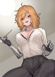 Rule 34 | 1girl, absurdres, ahoge, bad id, bad pixiv id, black legwear, blonde hair, breasts, chroong, ear cleaning, executive red hood arabelle, eyes visible through hair, guardian tales, highres, indoors, large breasts, looking down, mechanical arms, medium hair, mimikaki, office lady, open clothes, open mouth, pointy ears, red eyes, saliva, shirt, solo, white shirt