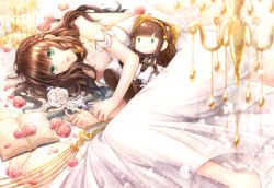 Rule 34 | 1girl, ariake aria, bare shoulders, book, braid, brown hair, cardia beckford, chandelier, code:realize, doll, dress, flower, green eyes, long hair, looking at viewer, lying, on side, open book, white dress