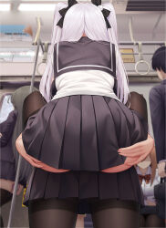 Rule 34 | 2girls, absurdres, ass, ass grab, carrying, chikan, exhibitionism, from behind, highres, hug, incest, lifting person, multiple girls, niliu chahui, pantyhose, public indecency, school uniform, siblings, sisters, skirt, tokisaki mio (niliu chahui), train, twintails, white hair, yuri