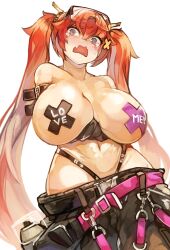 Rule 34 | 1girl, @ @, absurdres, belt, black pants, breasts, character request, cross pasties, english text, female focus, glasses on head, highres, huge breasts, impossible clothes, larribee, last origin, may of doom, open mouth, pants, pasties, red hair, shiny skin, solo, standing, twintails, whale tail (clothing), white background, wide hips