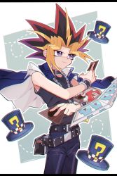 Rule 34 | 1boy, belt, belt collar, black hair, black shirt, blonde hair, blue jacket, card, chain necklace, closed mouth, collar, duel disk, highres, holding, holding card, jacket, jacket on shoulders, jewelry, light smile, magical hats (yu-gi-oh!), male focus, necklace, nikuman sara, pants, purple eyes, red hair, shirt, sleeveless, solo, yami yugi, yu-gi-oh!, yu-gi-oh! duel monsters
