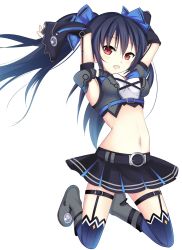 Rule 34 | 10s, 1girl, armpits, black hair, blush, bow, breasts, crop top, female focus, hair bow, hair ornament, kami jigen game neptune v, kirimoti34, kneeling, long hair, looking at viewer, medium breasts, midriff, navel, neptune (series), noire (neptunia), open mouth, red eyes, skirt, solo, twintails