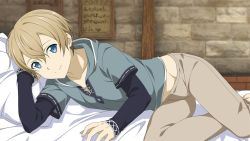 Rule 34 | 10s, 1boy, barefoot, bed sheet, blue eyes, blue shirt, bow, brown hair, collarbone, eugeo, from side, grey pants, groin, hair bow, hand in own hair, indoors, looking at viewer, lying, male focus, official art, on side, pants, pillow, shirt, short hair, smile, solo, sword art online