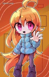 1girl :d absurdly_long_hair ahoge ankle_boots arm_at_side black_footwear black_pants blue_jacket blush_stickers boots celeste_(video_game) commentary_request deformed full_body jacket kimoti_omoti long_hair long_sleeves madeline_(celeste) open_mouth orange_background orange_hair outline pants pink_eyes puffy_long_sleeves puffy_sleeves simple_background smile solo standing tongue turtleneck turtleneck_jacket twitter_username very_long_hair waving white_outline zipper