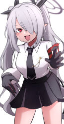 Rule 34 | 1girl, armband, black gloves, black necktie, black skirt, blue archive, blush, breasts, collared shirt, cowboy shot, gloves, grey hair, grey halo, hair over one eye, halo, highres, iori (blue archive), long hair, medium breasts, necktie, open mouth, pleated skirt, pointy ears, red armband, red eyes, shirt, simple background, skirt, solo, twintails, white background, white shirt, yun (kbdenz9)