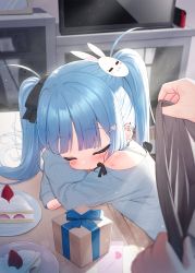 Rule 34 | 1boy, 1girl, bare shoulders, black bow, blue hair, blue shirt, blush, bow, box, cake, cake slice, closed eyes, closed mouth, commentary request, ear piercing, earrings, flat screen tv, food, fruit, gift, gift box, hair bow, hair ornament, hairclip, heart, heart hair ornament, highres, holding, indoors, jewelry, kotatsu, long hair, long sleeves, nintendo switch, off-shoulder shirt, off shoulder, original, piercing, plate, rabbit hair ornament, shirt, sitting, sleeping, sleeves past wrists, strawberry, table, television, tsukiman, twintails, very long hair