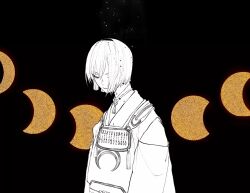 Rule 34 | 1boy, black background, chinese clothes, closed eyes, closed mouth, commentary, crescent print, english commentary, expressionless, eyelashes, highres, hutromg, long sleeves, male focus, monochrome, moon phases, neck tassel, original, short hair, solo, spot color, tassel, upper body