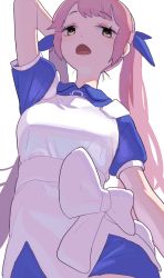 Rule 34 | 1girl, apron, arm up, bad id, bad pixiv id, blue dress, blue ribbon, bow, brown eyes, collared dress, commentary request, cowboy shot, dress, hair ribbon, highres, katsuoboshi, long hair, omega rio, omega sisters, open mouth, pink hair, ribbon, short sleeves, simple background, solo, twintails, virtual youtuber, white apron, white background, white bow