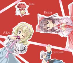 Rule 34 | 1boy, 2girls, ahoge, alice margatroid, blonde hair, blue eyes, bow, box, brown eyes, brown hair, capelet, character name, clenched hand, clenched hands, detached sleeves, doll, dress, english text, glasses, hair between eyes, hair bow, hair tubes, hairband, hakurei reimu, holding, long hair, morichika rinnosuke, multiple girls, one eye closed, reaching, red background, ribbon, sash, shanghai doll, short hair, silver hair, skirt, skirt set, smile, touhou, upside-down, wings
