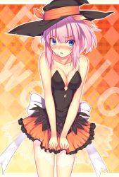 Rule 34 | 1girl, :o, argyle, argyle background, argyle clothes, blue eyes, blush, breasts, cleavage, flying sweatdrops, halloween, hat, hat ribbon, kaiza (rider000), original, pink hair, ribbon, short hair, skirt, solo, witch hat