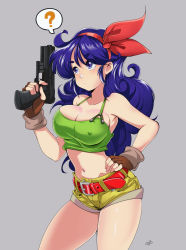 Rule 34 | 1girl, absurdres, artist name, bare shoulders, belt, blue eyes, blue hair, blush, breasts, cleavage, closed mouth, covered erect nipples, delux drawings, dragon ball, dragonball z, fingerless gloves, gloves, grey background, gun, hair ornament, hairband, hand on own hip, hand up, handgun, highres, holding, holding weapon, large breasts, long hair, looking away, lunch (dragon ball), lunch (good) (dragon ball), midriff, navel, shiny skin, short shorts, shorts, signature, simple background, sleeveless, solo, stomach, weapon