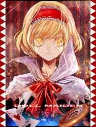 Rule 34 | 1girl, alice margatroid, blonde hair, bow, capelet, card, crying, framed, hairband, kozou (soumuden), lolita hairband, looking at viewer, pocket watch, short hair, smile, solo, touhou, upper body, watch, yellow eyes