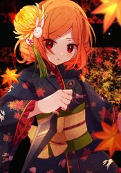 Rule 34 | 1girl, :p, autumn, autumn leaves, black kimono, bluestar iz, blush stickers, bow, bright pupils, charlotte (witch&#039;s heart), flower, hair flower, hair ornament, highres, holding, holding weapon, japanese clothes, kimono, kunai, leaf, looking at viewer, official art, orange hair, print kimono, rabbit hair ornament, red eyes, short hair, sidelocks, solo, swept bangs, tongue, tongue out, weapon, white pupils, witch&#039;s heart, yellow bow, yellow flower
