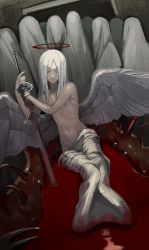 Rule 34 | 1boy, 6+others, angel, angel wings, bath, bath of blood, blood, blood stain, closed eyes, closed mouth, collarbone, dark halo, halo, highres, holding, holding sword, holding weapon, indoors, long hair, low wings, male focus, multiple others, navel, nipples, original, red halo, smile, sword, udakyo, weapon, white hair, wings