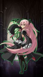 Rule 34 | 10s, 1girl, absurdly long hair, black dress, black footwear, black ribbon, boots, detached sleeves, dress, floating hair, from behind, full body, hair between eyes, hair ornament, highres, indoors, krul tepes, leg up, long hair, looking at viewer, looking back, owari no seraph, pink hair, red eyes, ribbon, short dress, sleeveless, sleeveless dress, smile, solo, standing, standing on one leg, thigh boots, thighhighs, twintails, two side up, very long hair