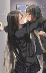 Rule 34 | 2girls, :o, arm around neck, black hair, black jacket, black legwear, black skirt, blazer, blue bow, blurry, blurry background, blush, bow, brown sweater, closed eyes, cloud, cloudy sky, collared shirt, commentary request, depth of field, dress shirt, highres, imminent kiss, indoors, jacket, kabedon, long hair, long sleeves, multiple girls, open clothes, open jacket, original, pantyhose, parted lips, pentagon (railgun ky1206), pleated skirt, profile, school uniform, shirt, skirt, sky, sun, sunset, sweater, translated, very long hair, white shirt, window, yuri