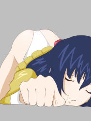 Rule 34 | 1990s (style), 1girl, agent aika, aika (series), artist request, ass, bent over, blue hair, bow, closed eyes, delmo, dress, female focus, golden delmo, hair bow, hair ornament, hair ribbon, juliet sleeves, legs, long hair, long sleeves, panties, pantyshot, puffy sleeves, retro artstyle, ribbon, rie petoriyacowa, simple background, solo, unconscious, underwear, white panties, yellow dress