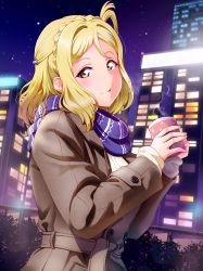 Rule 34 | 1girl, absurdres, blonde hair, blush, braid, coat, cowboy shot, crown braid, from side, hair rings, highres, looking at viewer, love live!, love live! sunshine!!, medium hair, night, ohara mari, parted lips, scarf, smile, solo, star (sky), steam, striped clothes, striped scarf, tsumikiy, winter, winter clothes, yellow eyes
