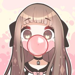 Rule 34 | 1girl, :o, angelica (k3lly), black choker, black ribbon, blunt bangs, blush stickers, bow, bowtie, brown hair, chewing gum, choker, commentary, english commentary, hair ribbon, heart, heart-shaped pupils, highres, k3lly, long hair, looking at viewer, multicolored background, open mouth, original, outline, pink background, pink bow, pink bowtie, pov, ribbon, shirt, solo, symbol-shaped pupils, white outline, white shirt, yellow background