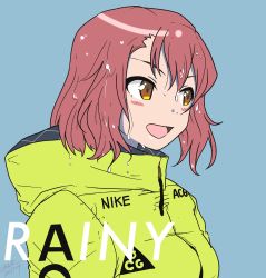 Rule 34 | 1girl, artist name, blue background, brown eyes, casual, coat, commentary, commentary request, dated, english commentary, english text, girls und panzer, highres, hood, hooded coat, medium hair, nike (company), open mouth, portrait, red hair, rosehip (girls und panzer), signature, simple background, smile, solo, wet, wet hair, yellow coat, zono (inokura syuzo029)