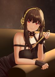Rule 34 | 1girl, bare shoulders, black dress, black gloves, black hair, blush, breasts, closed mouth, commentary, couch, dagger, dress, earrings, english commentary, fingerless gloves, gloves, gold hairband, hair between eyes, hairband, highres, holding, holding dagger, holding knife, holding weapon, jewelry, knife, large breasts, lips, looking at viewer, pink lips, red eyes, short hair, short hair with long locks, sidelocks, sitting, sleeveless, sleeveless dress, smile, solo, spy x family, stiletto (weapon), strapless, strapless dress, weapon, yor briar, yura s arts