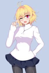 Rule 34 | 1girl, ;d, ahoge, arcueid brunestud, arm behind back, black pantyhose, black skirt, blonde hair, breasts, cowboy shot, grey background, highres, jewelry, long sleeves, looking at viewer, miniskirt, one eye closed, open mouth, pantyhose, pendant, red eyes, seo haruto, short hair, simple background, skirt, slit pupils, smile, solo, standing, sweater, tsukihime, v, white sweater