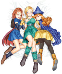Rule 34 | 3girls, alena (dq4), ass, backpack, bag, barbara (dq6), bed sheet, belt, bianca (dq5), black legwear, blonde hair, blue eyes, blunt bangs, blush, boots, braid, breasts, cape, choker, chunsoft, collarbone, covered erect nipples, curly hair, dragon quest, dragon quest iv, dragon quest v, dragon quest vi, earrings, elbow gloves, enix, female focus, gloves, hair over shoulder, hand on own chest, high ponytail, highres, jewelry, large breasts, looking back, multiple girls, open mouth, orange hair, panties, panties under pantyhose, pantyhose, red eyes, red hair, single braid, st.germain-sal, top-down bottom-up, underwear