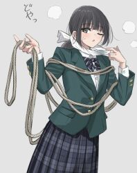 Rule 34 | 1girl, black hair, blush, bow, bowtie, buttons, cloth, formal, green suit, grey background, holding, holding rope, inside fuwa, long sleeves, looking at viewer, low ponytail, one eye closed, original, plaid, plaid skirt, puffy long sleeves, puffy sleeves, rope, school uniform, skirt, solo, suit, sweat