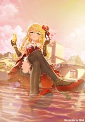 Rule 34 | 1girl, absurdres, artist name, black gloves, black thighhighs, blonde hair, blush, bracelet, breasts, cocktail glass, crossed legs, cup, dress, drinking glass, finger heart, flower, gloves, hair flower, hair ornament, half-closed eyes, high heels, highres, hmax, holding, holding cup, idolmaster, idolmaster cinderella girls, idolmaster cinderella girls starlight stage, jewelry, long hair, medium breasts, ohtsuki yui, outdoors, red dress, red footwear, sitting, smile, solo, strapless, strapless dress, sunset, thighhighs, very long hair