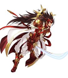 Rule 34 | 1boy, armor, attack, brown eyes, brown hair, coat, feathers, fire emblem, fire emblem fates, fire emblem heroes, full body, gloves, highres, holding, holding sword, holding weapon, katana, kita senri, lips, long coat, long hair, male focus, mask, nintendo, official art, pants, raijinto (fire emblem), red armor, ryoma (fire emblem), serious, sheath, simple background, solo, spiked hair, sword, transparent background, very long hair, weapon, white background, white coat, white pants