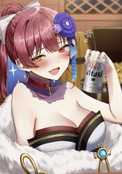 Rule 34 | 1girl, beer can, black collar, blush, bow, can, collar, detached collar, drink can, drunk, flower, hair bow, hair flower, hair ornament, heterochromia, high ponytail, highres, holding, holding can, hololive, houshou marine, houshou marine (new year), japanese clothes, kimono, long hair, looking at viewer, mia (fai1510), official alternate costume, open mouth, red eyes, red hair, smile, solo, squeans, treasure chest, virtual youtuber, white bow, white kimono, yellow eyes