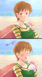 Rule 34 | 1girl, 2koma, beach, bench, blush, breasts, brown eyes, brown hair, comic, day, dress, earrings, closed eyes, fate/stay night, fate (series), feeding, food, fujimura taiga, ice cream, incoming food, incoming gift, jewelry, looking at viewer, ocean, pltrgst, pov, pov feeding, short hair, small breasts, solo, spoon, striped, sweater