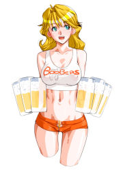 Rule 34 | 1girl, alcohol, beer, beer mug, blonde hair, christine garland, covered erect nipples, cup, female pubic hair, green eyes, holding, holding cup, hooters, long hair, looking at viewer, mug, navel, open mouth, pubic hair, pubic hair peek, qkat (arikawa-dou), short shorts, shorts, simple background, solo, super real mahjong, tank top, teeth, upper teeth only, waitress, white background