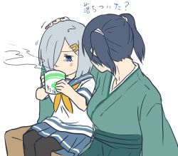 Rule 34 | 10s, 2girls, betchan, blue eyes, blue hair, cup, grey hair, hair over one eye, hamakaze (kancolle), hand on another&#039;s head, japanese clothes, kantai collection, multiple girls, pantyhose, headpat, school uniform, serafuku, short hair, sitting, socks, souryuu (kancolle), steam, tearing up, tears, twintails