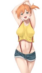Rule 34 | 1girl, :d, arms up, blush, breasts, commentary request, creatures (company), game freak, green eyes, highres, huuuna, looking at viewer, misty (pokemon), navel, nintendo, open mouth, orange hair, pokemon, pokemon (anime), pokemon (classic anime), shirt, short hair, short shorts, shorts, side ponytail, simple background, sleeveless, sleeveless shirt, smile, solo, stretching, suspenders, teeth, tongue, upper teeth only, white background, yellow shirt