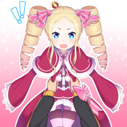 Rule 34 | !, !!, &gt;:o, 10s, 1boy, 1girl, :o, beatrice (re:zero), blonde hair, blue eyes, blush, capelet, carrying, crown, dress, embarrassed, forehead, fur trim, gradient background, hair ribbon, highres, jacket, lifting person, long hair, long sleeves, looking at viewer, mini crown, natsuki subaru, nose blush, open mouth, pantyhose, pink background, pink ribbon, pov, re:zero kara hajimeru isekai seikatsu, red dress, ribbon, ringlets, sidelocks, solo focus, striped clothes, striped legwear, striped pantyhose, symbol-shaped pupils, teeth, the cold, track jacket, twintails, v-shaped eyebrows