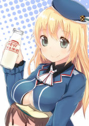 Rule 34 | 10s, 2girls, atago (kancolle), atago milk, beret, blonde hair, blue eyes, blue hat, bottle, breast rest, breasts, breasts on head, brown hair, error musume, green eyes, greentanuki, hat, kantai collection, long hair, looking at viewer, milk, milk bottle, multiple girls, open clothes, open shirt, shirt, smile, translated