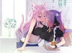 Rule 34 | 2girls, :q, ahoge, animal ear fluff, animal ears, apron, arashiya, asymmetrical docking, belt, black dress, black tank top, blue eyes, blue skirt, blush, breast press, breasts, cat ears, cat girl, cat tail, cleaning, cleavage, cloth, dress, eye contact, face-to-face, glasses, hair ornament, hairclip, hand on another&#039;s chin, indie virtual youtuber, jawafflee, large breasts, leaning forward, long hair, looking at another, maid, midriff, miniskirt, multiple girls, navel, nyatasha nyanners, pink eyes, pink hair, ponytail, purple hair, short sleeves, skirt, smile, tail, tank top, tongue, tongue out, upper body, very long hair, virtual youtuber, vshojo, waist apron, white apron, yuri